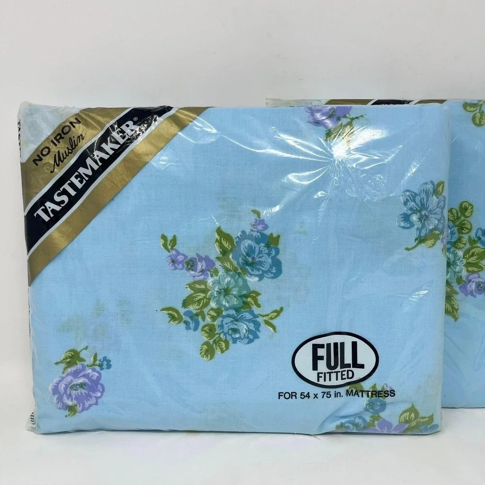 Tastemaker Full Fitted Bed Sheets Sheraton Blue Floral No Iron Muslin Set of Two